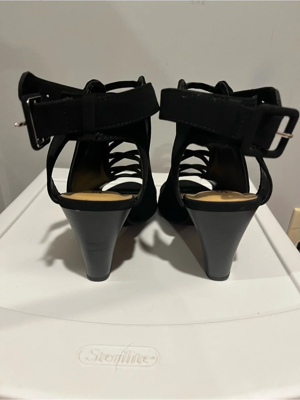Black Strappy Peep-Toe Heels 7